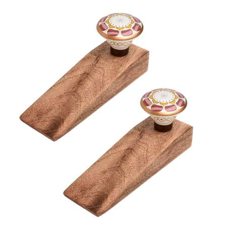 2 Pieces Pink Wheel Flower Ceramic Wooden Door Stopper